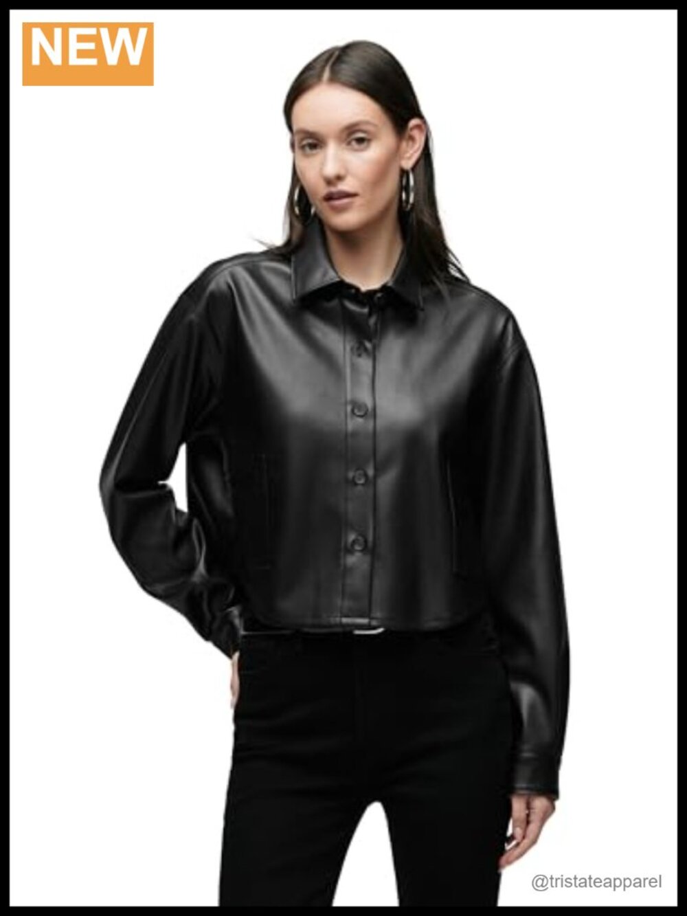 Women's Boxy Long Sleeve Button Down Shirt with Pockets Faux Leather